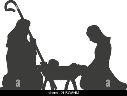Christmas scene, Christianity birth of baby Jesus. Mary and Joseph, manger holiday silhouette. Vector illustration icon Stock Vector