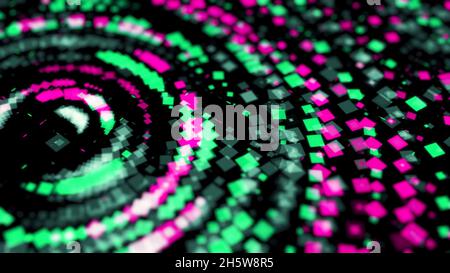 Abstract bright neon circles consisting of small multicolored geometric figures and moving chaotically in the dark. Disco dancing and electronic music Stock Photo