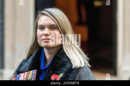 London, UK. 11th Nov, 2021. Alice Wingate-Pearce, Granddaughter of Major-General Orde Charles Wingate, DSO & Two Bars, founder of the Chindits, outside 10 Downing Street on Armistice day, wearing her grandfathers medals. Credit: Ian Davidson/Alamy Live News Stock Photo