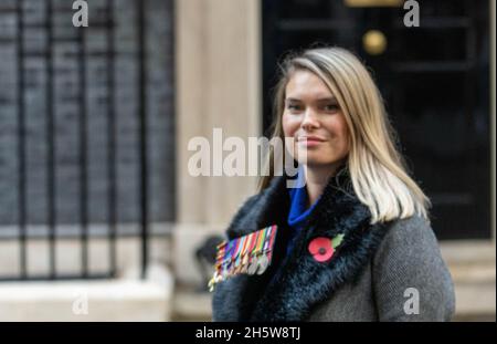 London, UK. 11th Nov, 2021. Alice Wingate-Pearce, Granddaughter of Major-General Orde Charles Wingate, DSO & Two Bars, founder of the Chindits, outside 10 Downing Street on Armistice day, wearing her grandfathers medals. Credit: Ian Davidson/Alamy Live News Stock Photo