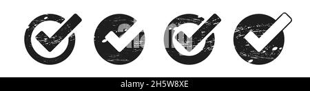 Checkmark collection icon, check icons set in grunge black style, approved grungy vote symbol illustration. Stock Vector
