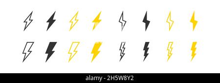 Bolt lightning set icon. Yellow and black cartoon sign symbol. Vector isolated illustration Stock Vector