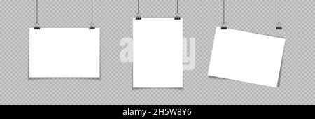 Paper hanging. Mock up set A4 blank form, poster on clip. Vector illustration with shadow on transparent background Stock Vector