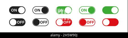 Switch toggle buttons. ON and OFF vector icons set in flat style. App interface slider Stock Vector