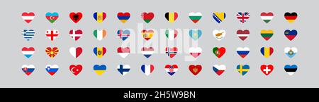 European country flag in heart. 48 national flags. Vector set isolated icons Stock Vector