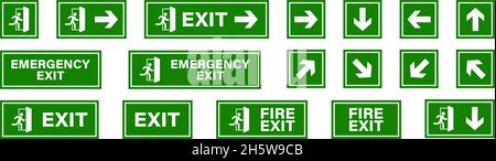 Exit sign set. Emergency and fireexit icons. Man running out arrow, green background. Isolated vector illustration. Stock Vector