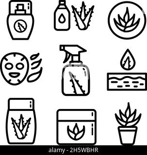 Aloe vera outline icons set. Succulent, tropical plant vector illustrations, thin signs for organic food, cosmetic. Isoleted on white background. Stock Vector
