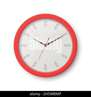 Vector 3d Realistic Red Wall Office Clock Isolated on White. White Dial. Design Template of Wall Clock Closeup. Mock-up for Branding, Advertise. Top Stock Vector