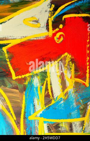 An abstract fragment of painting showing vibrant colors, brushstroke texture, and line flows. Stock Photo