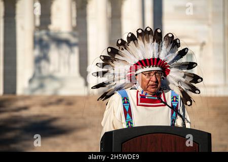 Arlington, United States. 09th Nov, 2021. Harry Rock Above from the Crow Nation speaks during the opening ceremony the Tomb of the Unknown Soldier Centennial Commemoration at Arlington National Cemetery, November 9, 2021 in Arlington, Virginia. Credit: Elizabeth Fraser/DOD Photo/Alamy Live News Stock Photo