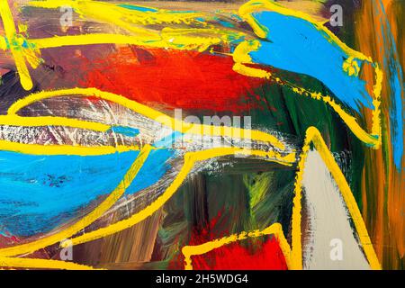 An abstract fragment of painting showing vibrant colors, brushstroke texture, and line flows. Stock Photo