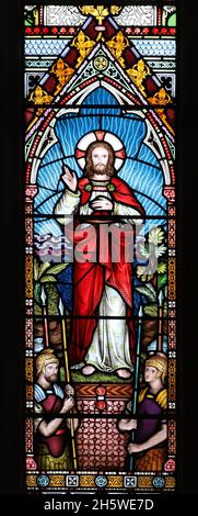 A stained glass window by Frederick Preedy depicting the Resurrection of Christ, St Swithun's Church, Lower Quinton, Warwickshire Stock Photo