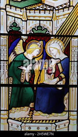 A stained glass window by Christpher Webb depicting the Annunciation to the virgin, St Swithun's Church, Lower Quinton, Warwickshire Stock Photo