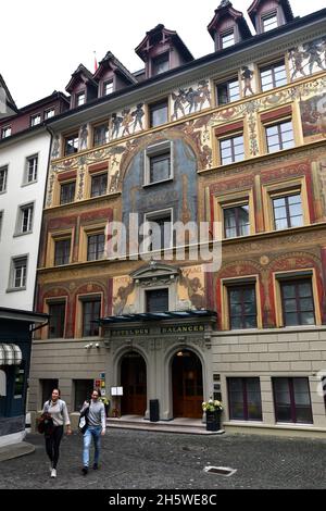 Lucerne, Switzerland, The facade of Hotel Des Balances painted with colorful fresco Stock Photo