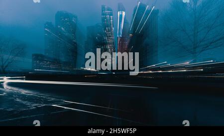 Hi-tech abstract background. Cityscape of skyscrapers of Moscow City Zooming. High quality photo Stock Photo