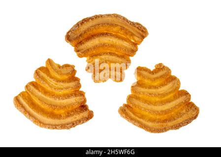 Fan shaped  puff pastry, Italian sfogliatine, three Palmier cookie isolated on white background Stock Photo