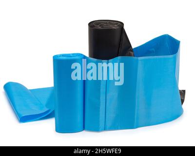 Black and blue Polyethylene Garbage Bags on White Background Stock Photo
