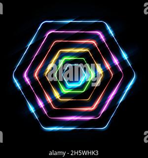 Neon multicolor hexagon on black background. Glowing honeycomb geometric shapes with shining effects. Neon hexagonal frames. Stock Vector