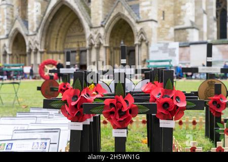 Westminster Abbey, London UK  11th Nov 2021. Tributes on Crosses with poppies are planted in the field of remembrance outside Westminster Abbey on Armistice day, each carries a personal message from member of public to honour those who have given their lives in Service for our country. Credit: Xiu Bao / Alamy Live News Stock Photo