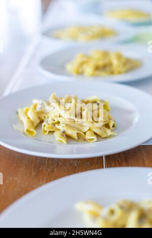 Typical Istrian pasta Fuzi with black truffles Stock Photo