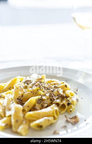 Typical Istrian pasta Fuzi with black truffles Stock Photo