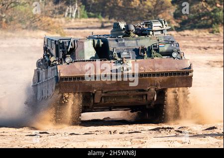 A Bergepanzer BPz3 Büffel armored recovery vehicle from the Royal Netherlands Army includes both a bulldozer and a crane with integral winch. Stock Photo