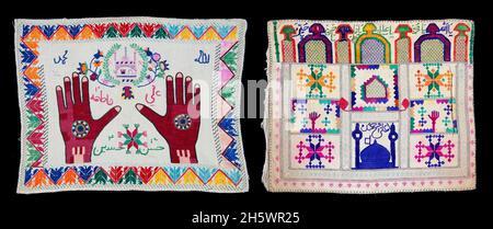 Embroidered Hazara prayer stone cloths from  Afghanistan with minaret; mosque; Arabic characters; prayer niche motifs. Prayer stone cloths are used to hold the prayer stone (mohr or turba) used by Shiite muslims. The prayer stones are made of baked clay from Karbala. The prayer stones are kept wrapped in the cloths in the house or on the body. When praying one puts the prayer stone cloth on the prayer rug. Prayer cloths and stones are placed on the prayer rug in such a way that one touches the stone with one's forehead when bending over during prayer. Stock Photo