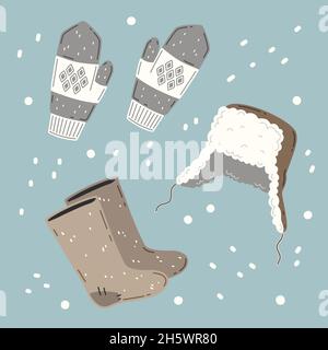 Russian winter clothes - valenki, wool mittens and ushanka hat. Vector set Stock Vector