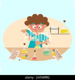 KId doing chemical experiment. Home experiments illustration. Stock Vector