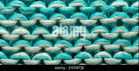 Close-up knitwear background in blue or turquoise color. Knitted fabric fabric pattern Stock Photo