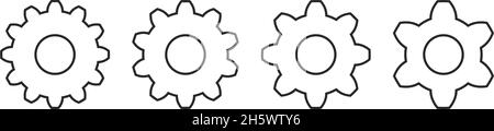 Cogwheel vector outline Symbol in Black on isolated white background. Four different Thoothed black wheels Contour. Stock Vector