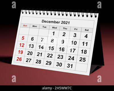 One page of the annual business monthly calendar. Date - month December 2021. 3d rendering Stock Photo