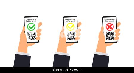 Vaccine certificate green on phone screen, hand holding yellow and red vaccinated pass set. Vaccination passport, covid-19 epidemic protection. Stock Vector