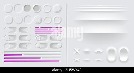 Neumorphism button vector blank set. Neumorphic buttons interface collection. Neomorphism degital elements bundle. Stock Vector