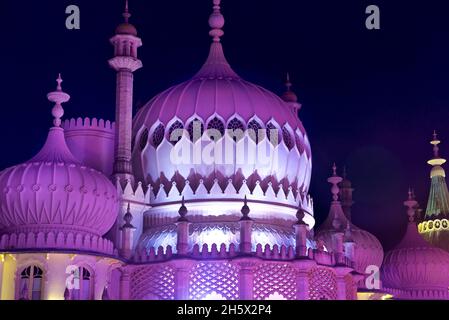 Pavilion Kaleidescope. The Royal Pavilion, Brighton, lit up with coloured LED uplighters. Brighton, East Sussex, England, UK Stock Photo