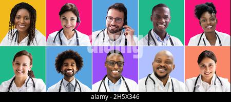 Diverse Doctor Faces Photo Collage. Multiethnic Group Stock Photo