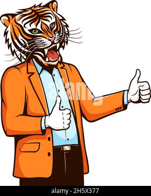 Man with tiger head shows thumbs up Stock Vector