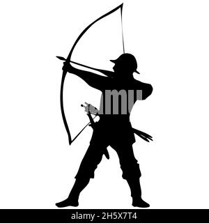 Black silhouette of an archer with arrows and a bow. A medieval warrior with a weapon is fighting in a war. Robin Hood from the English legend Stock Photo
