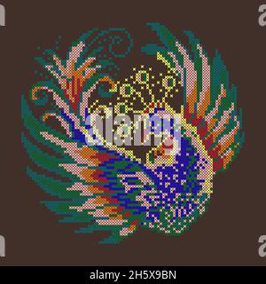 Embroidered peacock, cross stitch pattern of beautiful bird, vector illustration Stock Vector