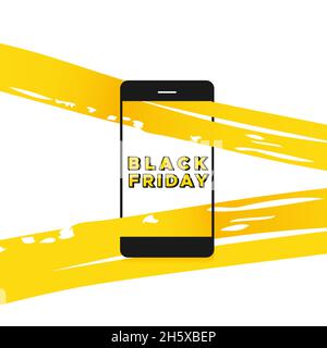 Black Friday. Yellow brush strokes cross the screen mobile phone. Vector illustration, flat design Stock Vector