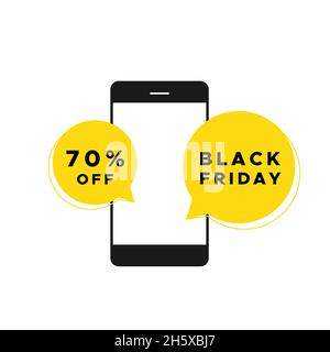 Black Friday. Mobile phone with yellow speech bubbles. Vector illustration, flat design Stock Vector