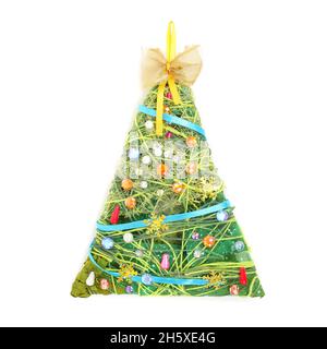 handmade new year tree made of paper and textile, decorated with beads Stock Photo