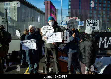 Glasgow, UK. 11th Nov, 2021. Glasgow, Scotland, UK. 11 November 2021PICTURED: Protests happen in and outside of the COPO26 venue of the COP26 Climate Change Conference in Glasgow. Credit: Colin Fisher/Alamy Live News Stock Photo