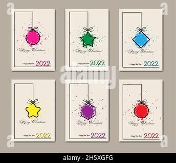 set cards 2022 Happy New Year gold texture, vintage paper background, colorful elements for calendar and greetings card or Christmas themed winter Stock Vector
