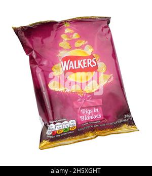 Walkers potato crisps special Christmas edition pigs in blankets flavour, isolated on a white background Stock Photo