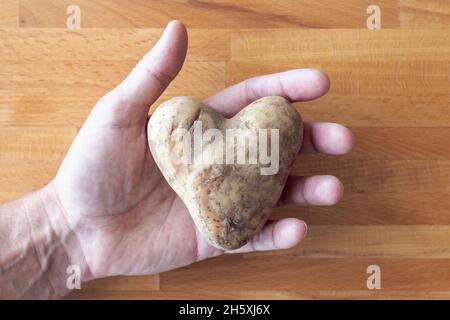 A man holds a heart shaped white potato in his open palm and fingers on a wooden cutting board background. Stock Photo