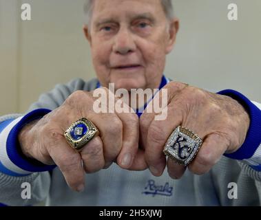 Kansas City, USA. 08th Apr, 2016. Art Stewart, the Kansas City Royals' senior advisor to the general manager, with his 1985 World Series ring on the left and his 2015 World Series ring on the right before a game against the Minnesota Twins on Friday, April 8, 2016, at Kauffman Stadium in Kansas City, Missouri. Stewart died at the age of 94, the team announced Thursday, Nov. 11, 2021. (Photo by John Sleezer/Kansas City Star/TNS/Sipa USA) Credit: Sipa USA/Alamy Live News Stock Photo