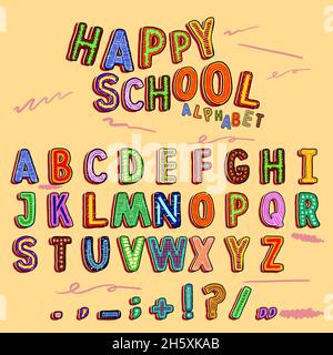 Hand drawn letters. Numbers, math signs, accents, commas, periods, end, semicolon, exclamation and question marks. Fully editable and well-organized. Stock Vector