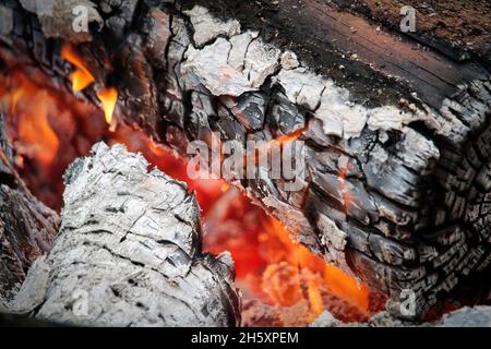 Macro view of logs burning during a fire Stock Photo
