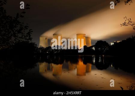 Reflections of cooling towers at Drax Power Station in North Yorkshire Stock Photo